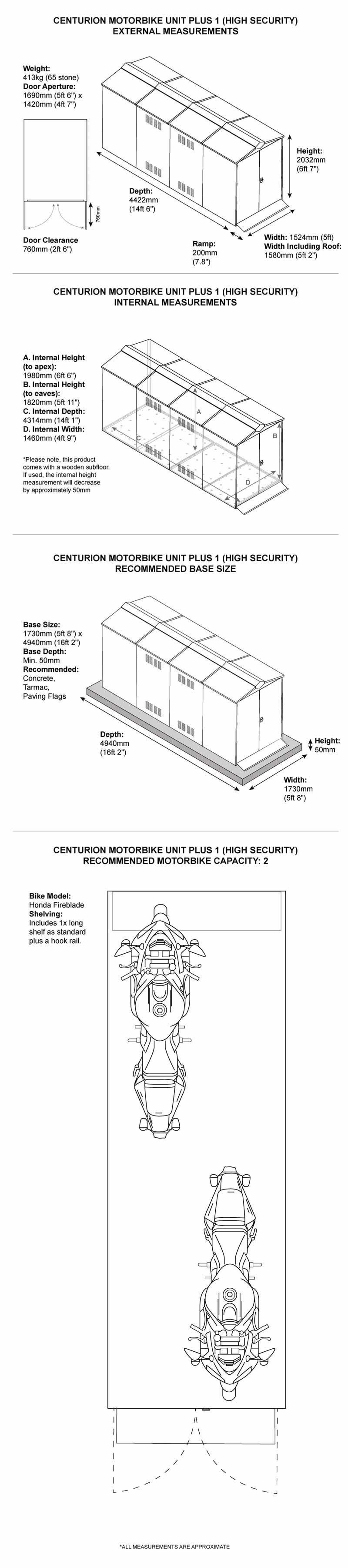 Motorcycle Storage Shed 5ft 2in x 14ft 6in Dimensions